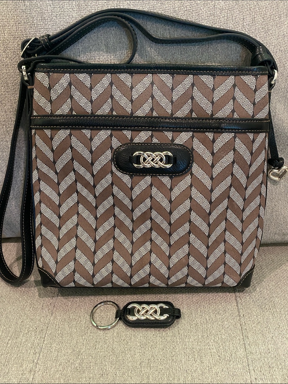 Brighton Interlok Journey Herringbone Brown Taupe Crossbody Purse & Key Fob